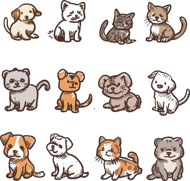 Vector krabbel huisdieren clipart waterverf honden katten