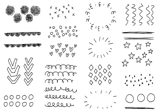 Vector krabbel stralen, sterren, cirkels, lijnen, cirkels. schets schattige set, doodle geïsoleerde lijncollectie.