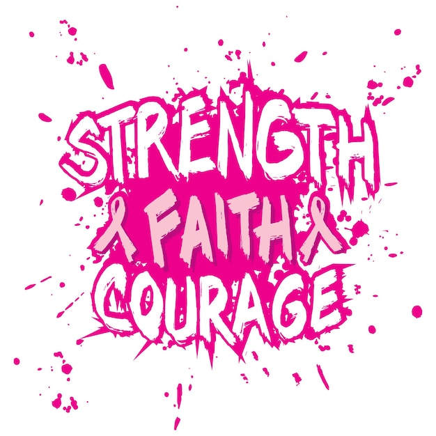 Kracht geloof moed, belettering. Affiche voor de bewustwordingsmaand borstkanker.
