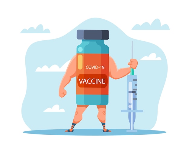 Vector kracht van het vaccin bescherming tegen covid19 fles met sterke biceps houdt spuit coronavirusvaccinatie sharacter tegen virus vector geïsoleerd medisch apotheekconcept