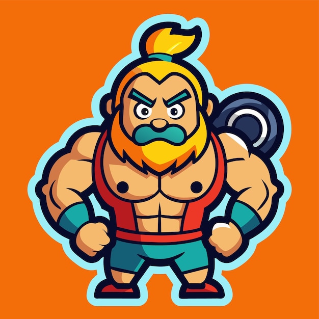 Krachttraining gym bodybuilding strongman man oefening handgetekende cartoon sticker icoon concept