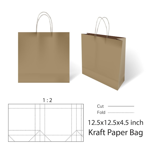 Vettore borsa e manico in carta kraft con 3d mockup e dimension