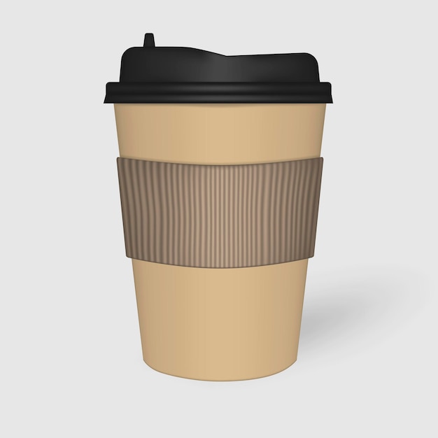 Vector kraft paper coffee cup. black lid. corrugated sleeve. mock-up. takeaway drink mug mockup