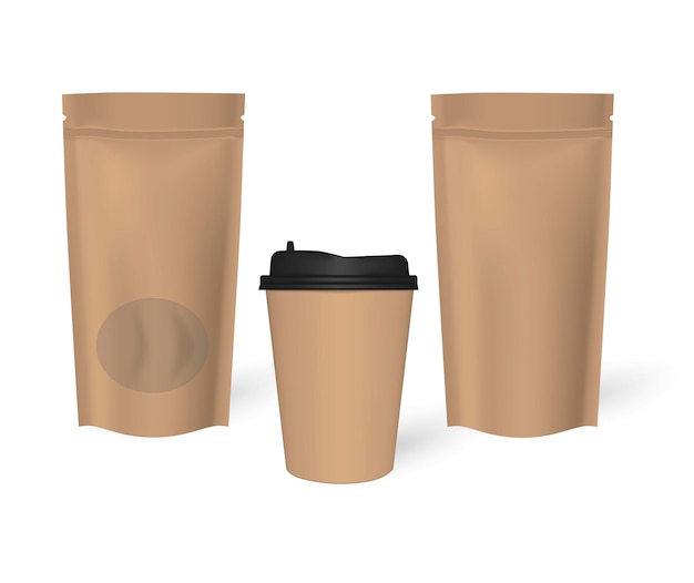 Kraft paper disposable coffee cup stand up zipper pouches To go drink mug and zip lock food bags