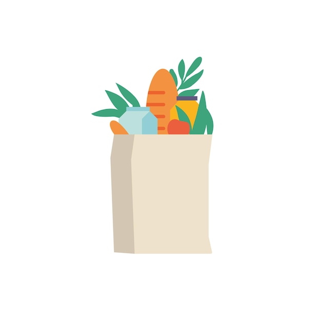 Vector kraft paper shopping bag with fresh vegetables meal. flat vector illustration organic and natural food. nature packet isolated in white background.