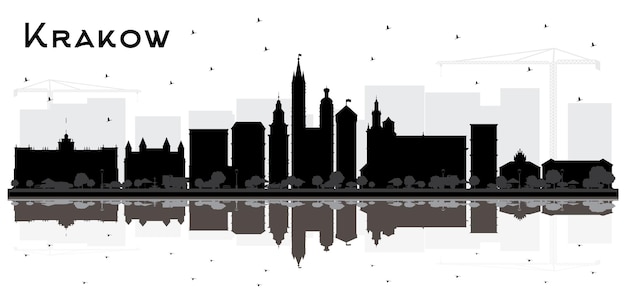 Krakau Polen stad skyline silhouet met zwarte gebouwen en reflecties geïsoleerd op wit