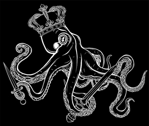Vector kraken king octopus with crown luxury vector illustratie