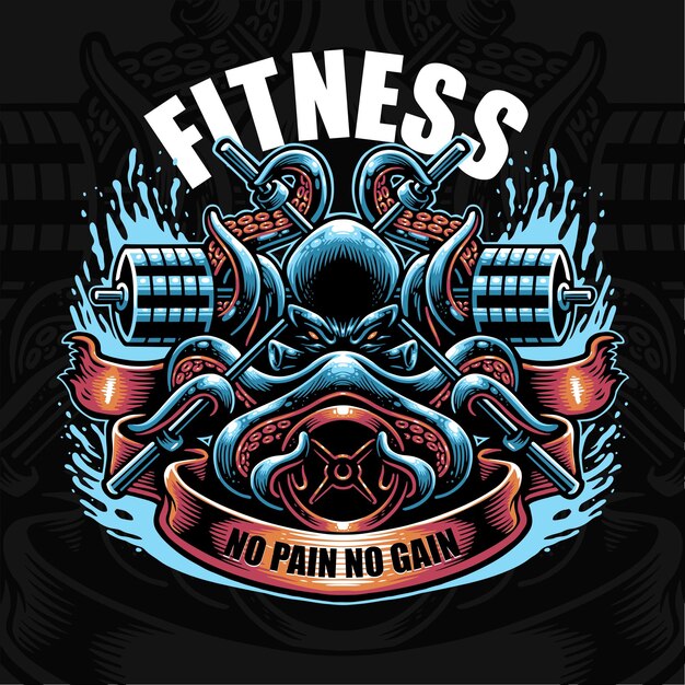 Vector kraken octopus mascotte fitness gym crossfit barbell logo