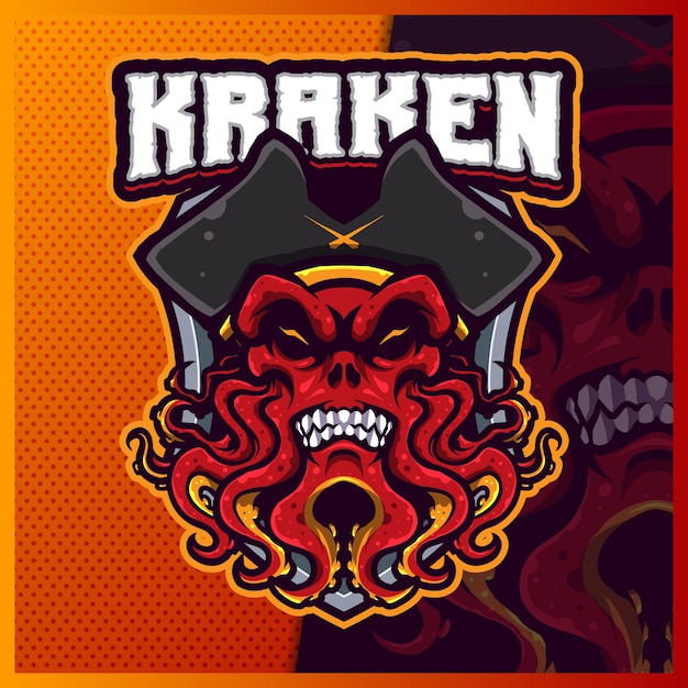 Illustrazioni di design del logo esport della mascotte dei pirati kraken