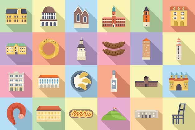 Vector krakow icons set flat vector polish city market old