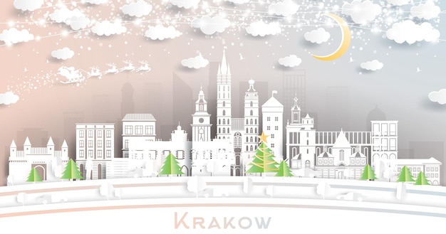 Krakow Poland City Skyline in Paper Cut Style with Snowflakes Moon and Neon Garland