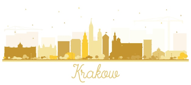 Краков Польша силуэт горизонта города с золотыми зданиями, изолированные на белом. Векторные иллюстрации. Деловые поездки и концепция туризма с исторической архитектурой. Городской пейзаж Кракова с достопримечательностями.