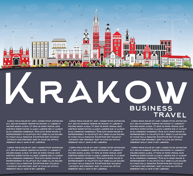 Krakow Poland City Skyline with Color Buildings, Blue Sky and Copy Space. Vector Illustration. Business Travel and Tourism Concept with Historic Architecture. Krakow Cityscape with Landmarks.