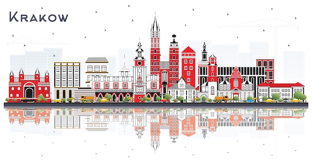Краков, Польша, город Skyline с цветными зданиями и отражениями, изолированными на белом