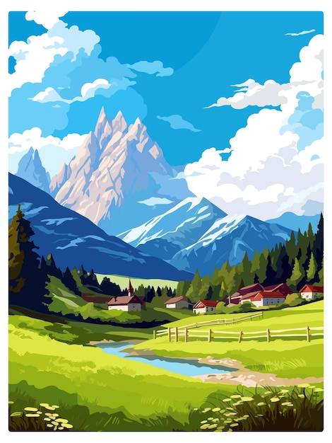 Vector kranjska gora slovenië vintage reisposter souvenir postkaart portret schilderij wpa illustratie