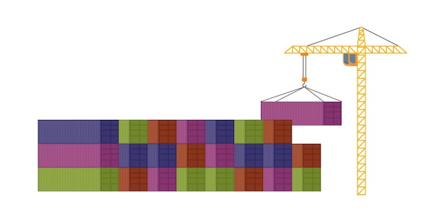 Vector kranliften met vrachtcontainer industriële kraanhaak en stapel kleurrijke vrachtconteiners