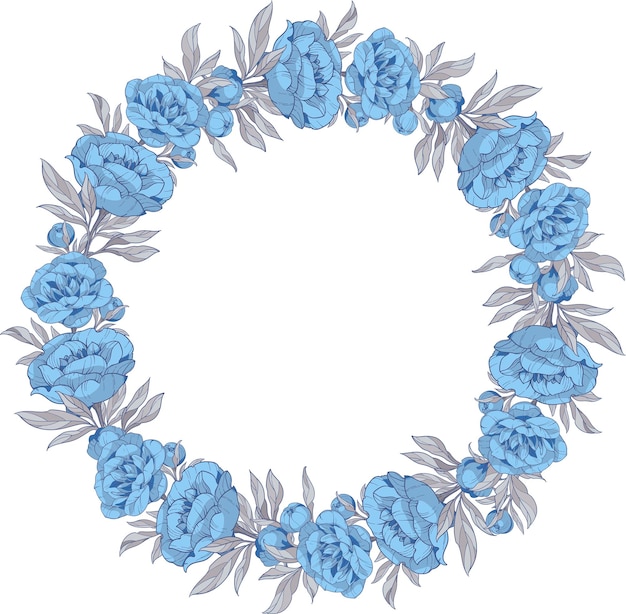 Krans met blauwe pioenrozen bloemen met grijze bladeren vectorillustratie