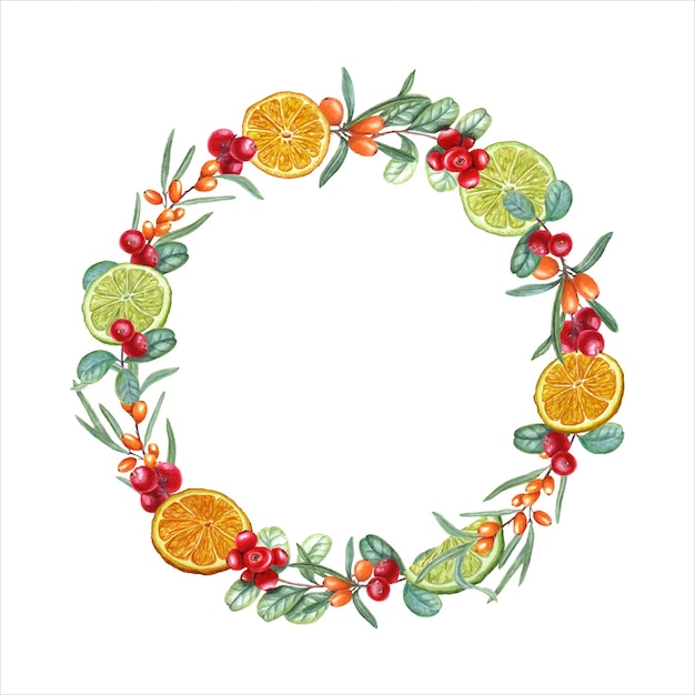 Vector krans met rijpe bessen, citrus en kruiden muntblaadjes, limoen, sinaasappel, duindoorn en bosbessen
