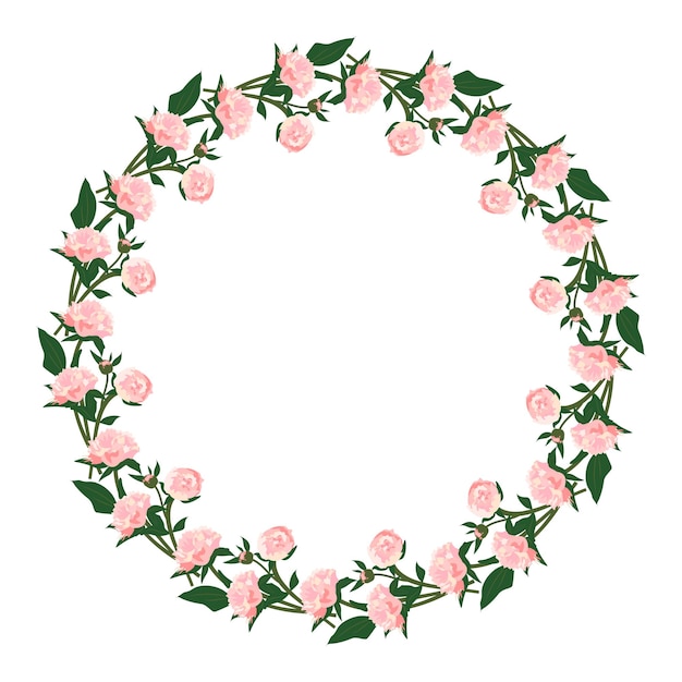 Krans van pioenrozen ronde frame roze schattige bloemen en bladeren Lente roze bloeiende compositie met toppen vakantie decoraties voor bruiloft vakantie briefkaart poster en ontwerp vectorillustratie