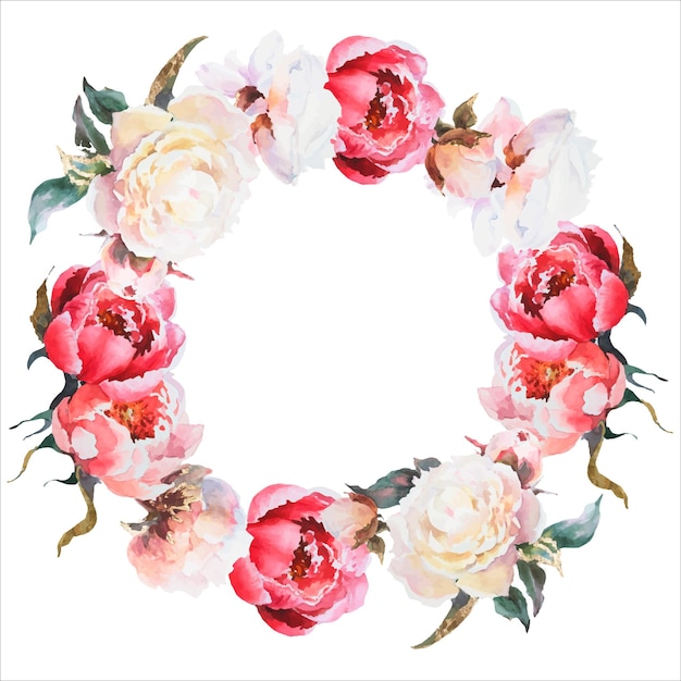 Krans van pioenrozen, roze en witte bloemen pioenrozen aquarel, florale illustraties.