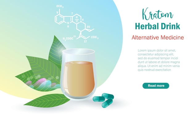 Kratom 대체 의학 제품 Kratom은 캡슐 정제 및 생물학 분자가 있는 유리로 음료를 마십니다.