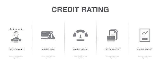 Kredietbeoordelingsrisico Kredietscore Kredietgeschiedenis rapportpictogrammen Infographic ontwerpsjabloon Creatief concept met 5 stappen