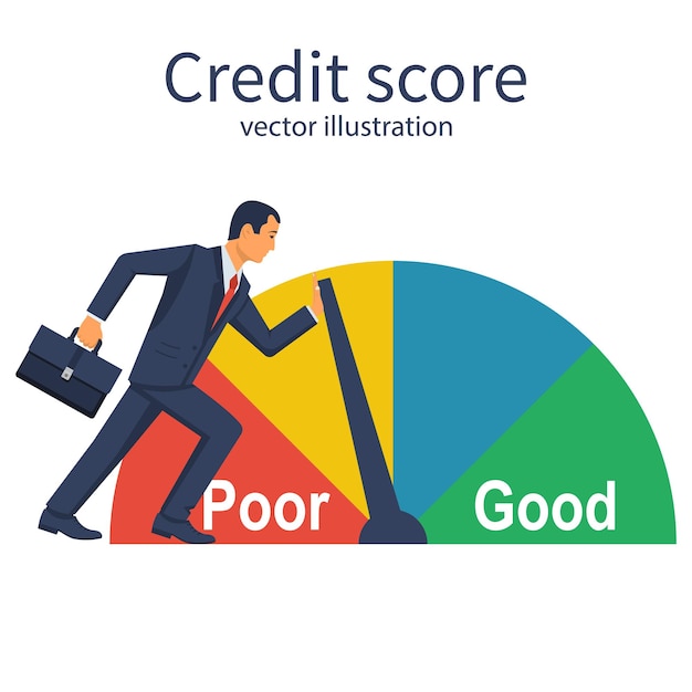 Kredietscoremeter Zakenman duwen snelheidsmeter schaal veranderende persoonlijke kredietinformatie Slecht en goed Vector illustratie plat ontwerp Geïsoleerd op witte achtergrond Zakelijke ambities