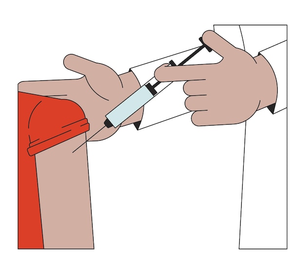Vector krijg uw griepvaccin 2d lineaire cartoon handen close-up patiënt vaccinatie geïsoleerde lijn vector armen close-up witte achtergrond deltoïde injectiespuit vaccin immunisatie kleur platte plek illustratie