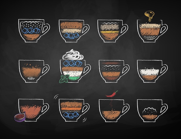 Krijt getekende illustratie set koffie soorten kopjes