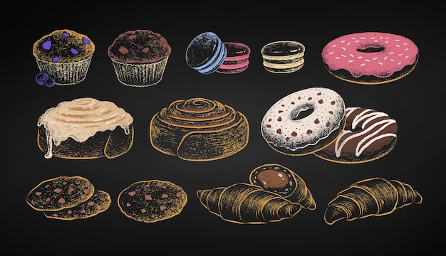 Krijt getekende illustratie set van zoet voedsel - bakkerij en desserts