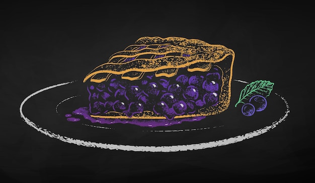 Vector krijt getekende illustratie van blueberry pie op zwarte schoolbord achtergrond