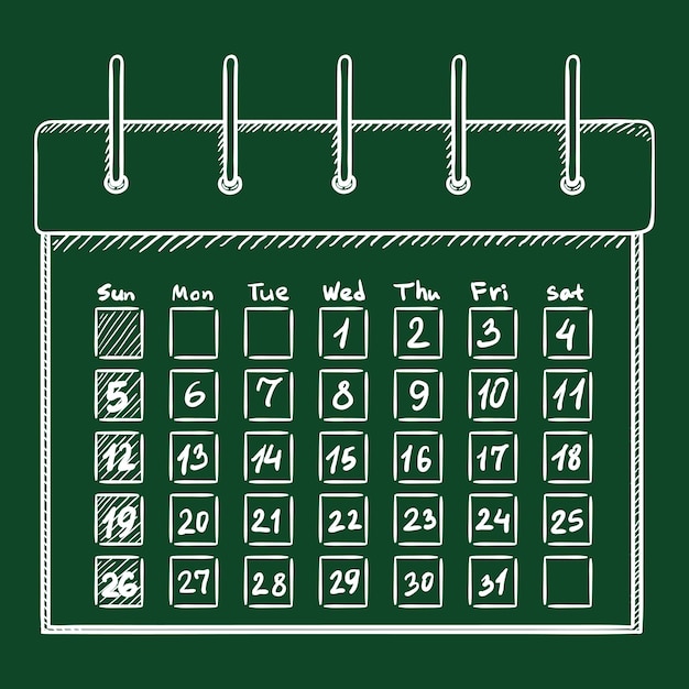 Krijt schets kalender met datums en weekdagen vectorillustratie