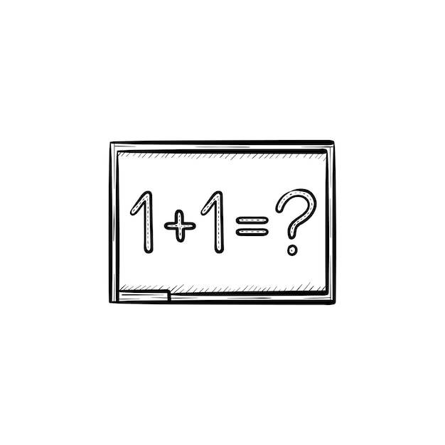 Krijtbord met wiskunde taakpictogram hand getrokken schets doodle. Een plus een vergelijking op de schoolbord vector schets illustratie voor print, web, mobiel en infographics geïsoleerd op een witte achtergrond.