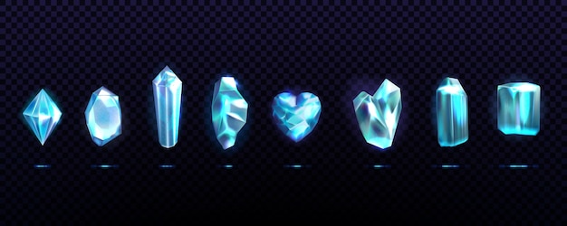 Kristal edelstenen Glinsterend spel ijs verschillende vormen prisma diamanten stukken blauwe glazen stenen smaragd licht edelstenen juweel Briljante geïsoleerde objecten UI iconen set Vector realistische vormen