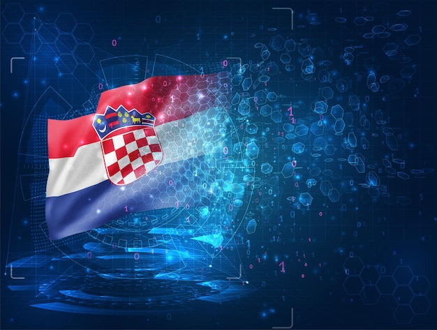 Kroatië, vector 3D-vlag op blauwe achtergrond met hud-interfaces
