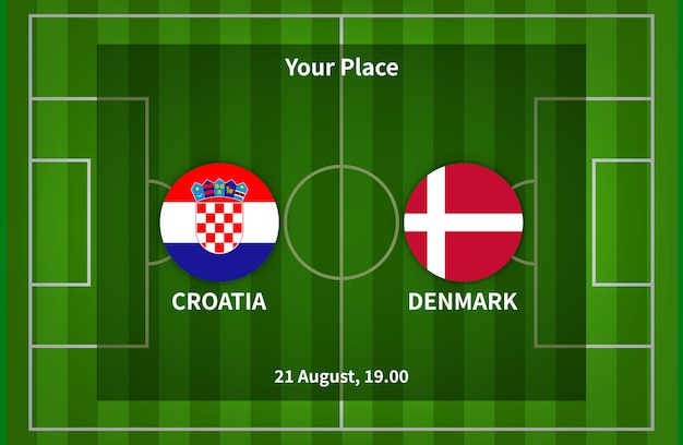 Kroatië versus Denemarken voetbal Poster Match Design met vlag en voetbalveld achtergrond