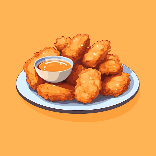 Krokant gebakken kipnuggets op een plaatillustratie in cartoonstijlvector