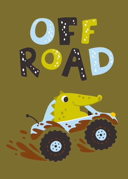 Krokodil in een SUV in de modder met belettering Karakter in eenvoudige handgetekende kinderachtige stijl