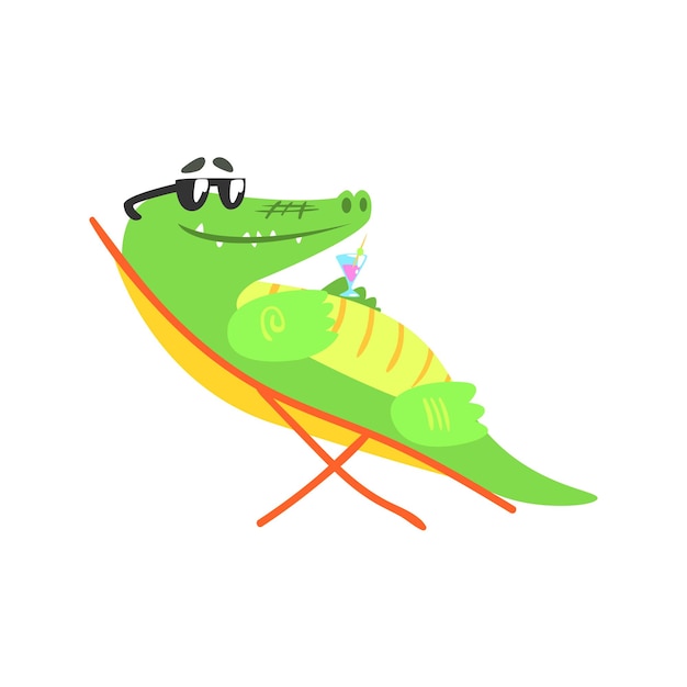 Vector krokodil zonnebaden op zonnebank met cocktail gehumaniseerd groen reptiel dierlijk karakter elke dag activiteit