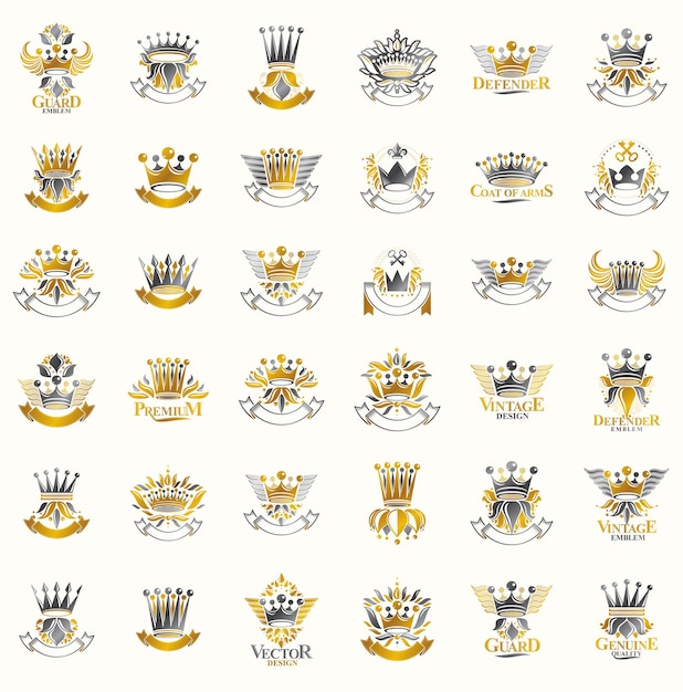 Vector kronen vintage heraldische emblemen vector grote set, antieke heraldiek symbolische badges en awards collectie met kroontjes, klassieke stijl designelementen, familie emblemen.