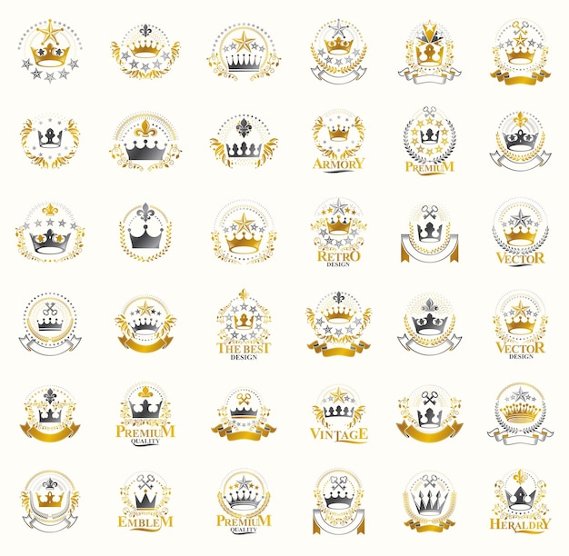 Kronen vintage heraldische emblemen vector grote set, antieke heraldiek symbolische badges en awards collectie met kroontjes, klassieke stijl designelementen, familie emblemen.