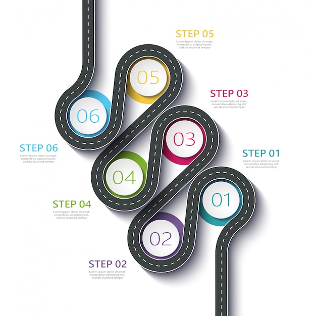 Kronkelende weg manier locatie infographic sjabloon met een gefaseerde structuur