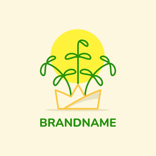 kroon en plant logo concept. handgetekende, lijn, eenvoudige en frisse stijl. groen en geel