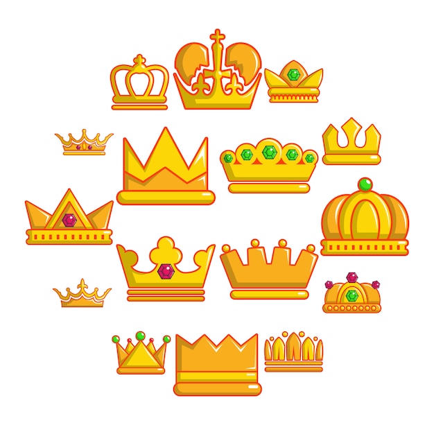 Kroon goud icon set, cartoon stijl