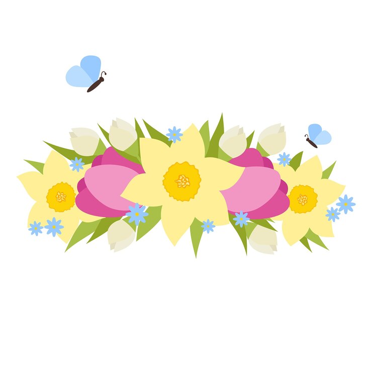 Vector kroon kroon van voorjaarsbloemen van narcissen en tulpen in platte stijl op een witte achtergrond