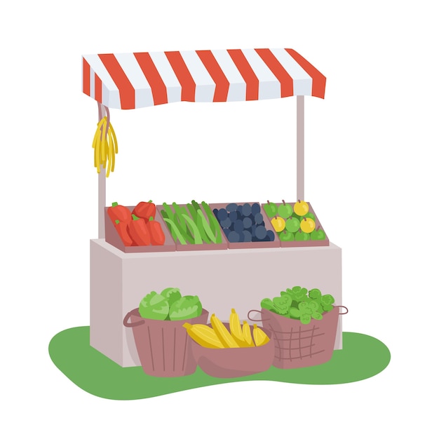 Kruidenier kraam semi egale kleur vector-object Full-size item op wit biologisch product groenten en fruit verkopen eenvoudige cartoon stijl illustratie voor web grafisch ontwerp en animatie