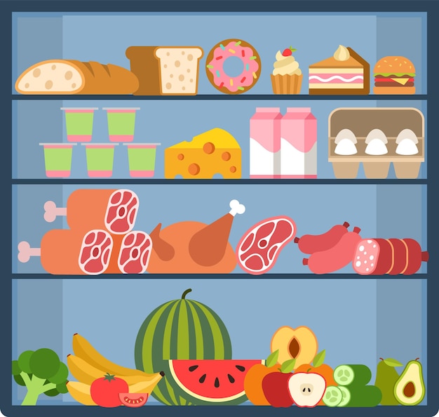 Kruidenier planken. Voedselwinkelassortiment op koelkastvitrine, fruit en groenten, verse melk en vleesproducten, brood en gebak in plank, aankopen in supermarkt platte vectorillustratie