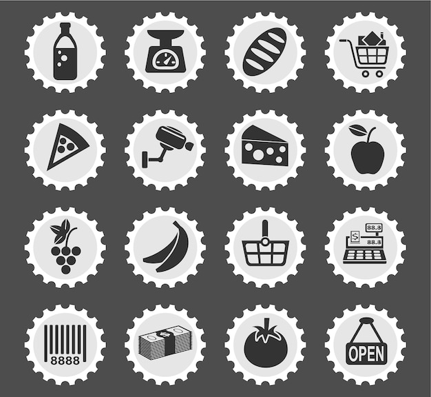 Kruidenierpictogrammen op gestileerde ronde postzegels