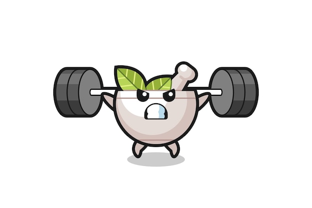 Kruidenkom mascotte cartoon met een barbell, schattig stijlontwerp voor t-shirt, sticker, logo-element