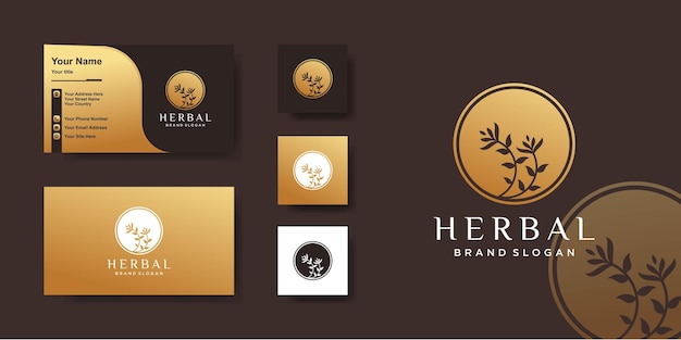 Kruidenlogo met gouden cirkelconcept en visitekaartjeontwerp premium vector